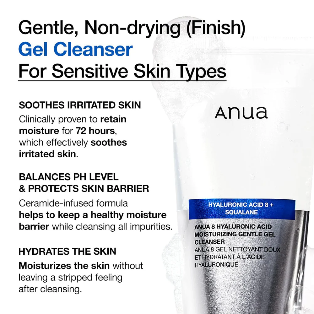 Anua Hyaluronic Acid 8+ Squalane Gel Cleanser 150ml – Ενυδατικό απαλό καθαριστικό με 8 τύπους υαλουρονικού & σκουαλάνη - Anua - glowfit.gr