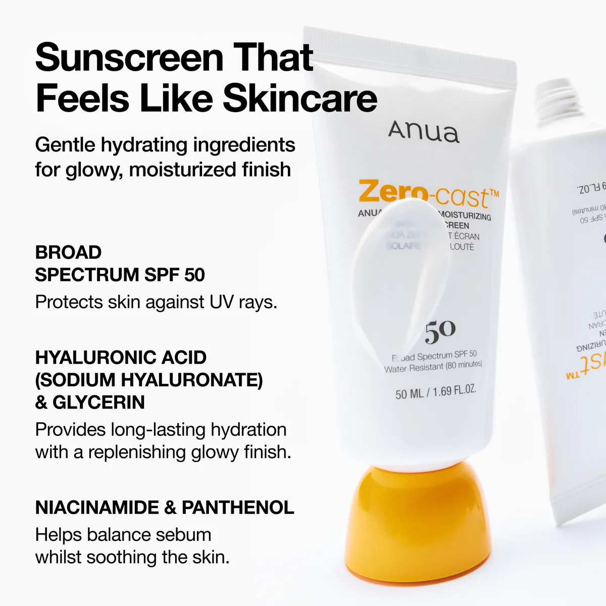 Anua Zero-Cast Moisturizing Finish Sunscreen 50ml - κορεάτικη αντηλιακή χωρίς white cast - glowfit.gr