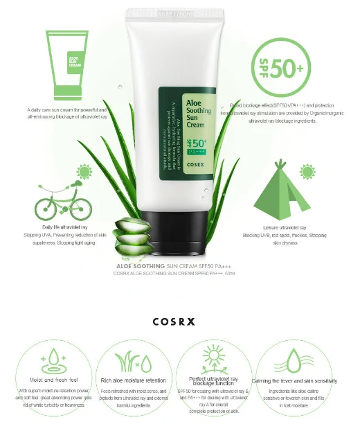 COSRX Aloe Soothing Sun Cream SPF50+ 50ml - ενυδατικό αντηλιακό με Aloe - glowfit.gr